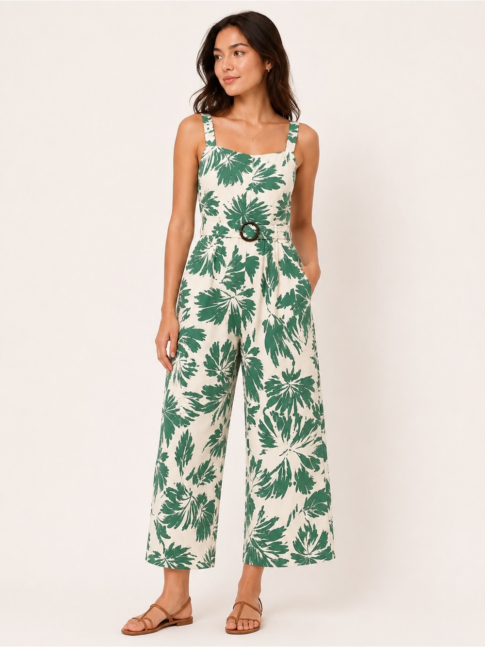 Monteau Los Angeles Tropical Print Belted Wide Leg Jumpsuit S